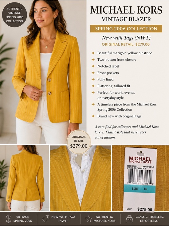 MICHAEL Michael Kors Jackets & Blazers - Michael Kors Vintage Spring 2006 Marigold Pinstripe Blazer NWT Size 16